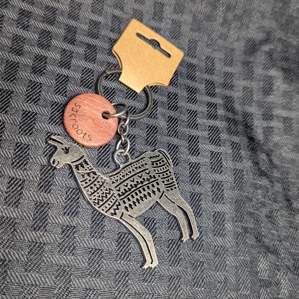 Sakroots Llama Keychain with Wood Accent.